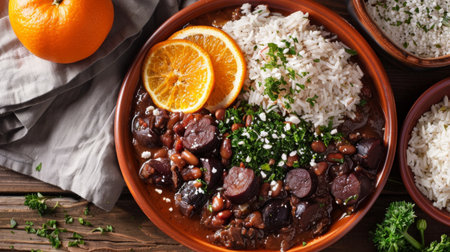 A plate of traditional Brazilian feijoada stew served with rice, orange slices, and farofa, symbolizing the global appreciation for hearty and flavorful Brazilian comfort foodの素材