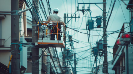 A maintenance worker on a cherry picker repairing an electricity pole, showcasing the human effort behind reliable power supplyの素材