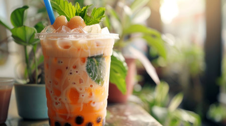 A refreshing bubble milk tea slushie served in a clear cup, the icy beverage dotted with chewy tapioca pearls, perfect for cooling off on a hot dayの素材