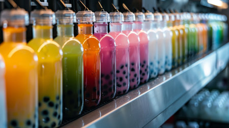 A line of colorful bubble milk tea bottles lined up on a shelf, each labeled with its flavor and topped with a sealed lid, ready for grab-and-go convenienceの素材