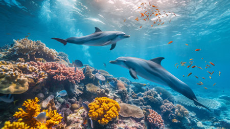 A serene underwater scene with a pod of dolphins gracefully swimming among colorful coral reefs, adding vibrancy to the marine ecosystemの素材