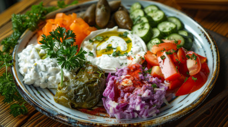 A plate of colorful Greek mezze including tangy tzatziki, creamy hummus, and flavorful dolmades,の素材