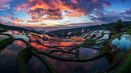A scenic countryside landscape with terraced rice fields reflecting the colors of the sky during sunset, creating a breathtaking vistaの素材