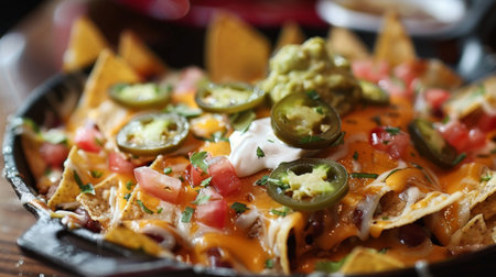 A sizzling skillet of loaded nachos topped with melted cheese, jalapenos, sour cream, and guacamole, a popular appetizer enjoyed at parties and gatherings across the United Statesの素材