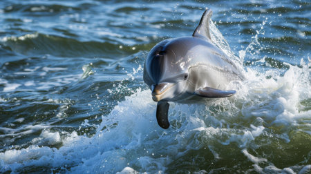 A playful dolphin jumping out of the water with a joyful expression, creating a splash as it returns to the ocean surfaceの素材