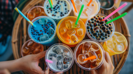 A top-down shot of a wooden tray holding multiple cups of bubble milk tea, each adorned with a colorful straw and a generous serving of chewy tapioca pearlsの素材