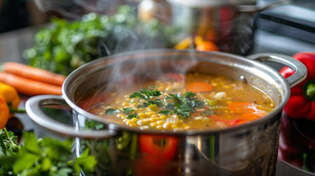 A steaming pot of soup on the stove, with fresh herbs and vegetables surrounding the pot, illustrating a cozy and nourishing meal in progressの素材