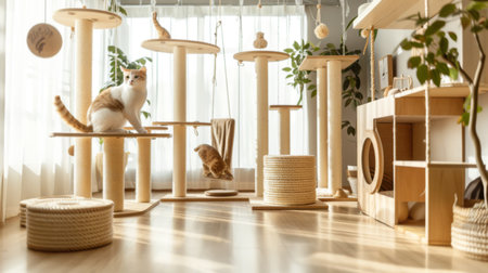 A spacious indoor cat house with various interactive elements like scratching posts and hanging toys, featuring a cat actively engaging with the spaceの素材