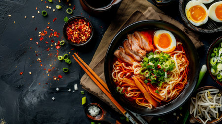 A tempting bowl of creamy Japanese ramen noodles in savory broth, topped with tender slices of pork, soft-boiled egg, and fragrant spring onions, representing the global obsession with comforting noodle dishesの素材