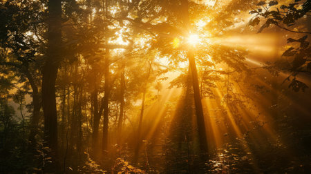 A sunrise scene with golden beams of light streaming through the branches of a dense forest, creating a magical and serene atmosphereの素材