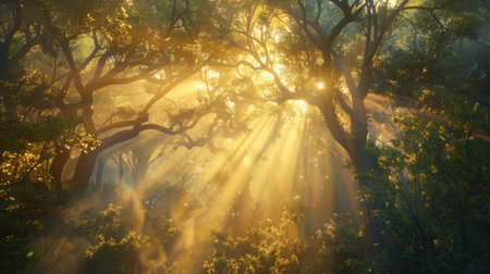 A sunrise scene with golden beams of light streaming through the branches of a dense forest, creating a magical and serene atmosphereの素材
