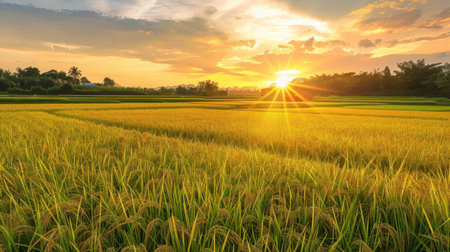 A tranquil scene of a rice field at sunset, with the golden glow of the evening sun casting a warm hue over the ripening cropの素材
