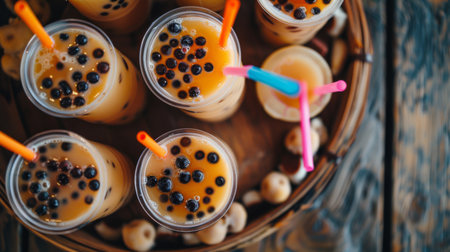 A top-down shot of a wooden tray holding multiple cups of bubble milk tea, each adorned with a colorful straw and a generous serving of chewy tapioca pearlsの素材