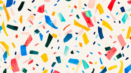 An abstract background featuring colorful confetti-like shapes scattered across a white backdrop.の素材