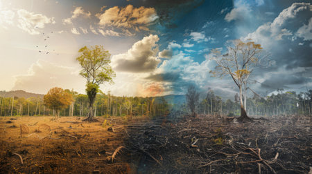 A time-lapse style image of a forest turning into a barren landscape, showing the progression of deforestation and global warmingの素材
