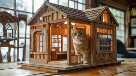 An indoor cat house designed to look like a miniature human house, complete with windows and a porch, with a cat sitting proudly insideの素材