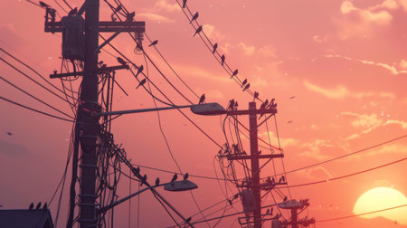 Electricity poles with birds perched on the wires, capturing a moment of nature interacting with man-made structuresの素材