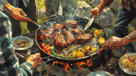 An outdoor barbecue scene with a grill pan sizzling with marinated meats and vegetables, surrounded by friends enjoying the cooking and camaraderieの素材