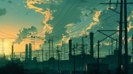 An industrial area with electricity poles and power lines crisscrossing the sky, emphasizing the role of power in industryの素材