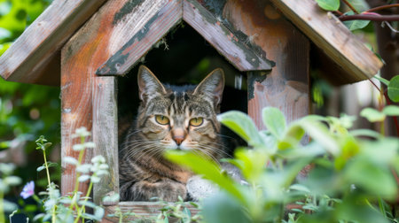 An outdoor cat house in a garden setting, with a cat comfortably nestled inside, enjoying the fresh air and natureの素材