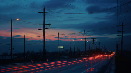 Electricity poles along a highway at dusk, with car headlights and a fading sky, emphasizing the connection between travel and powerの素材