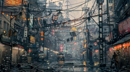 An urban street scene with electricity poles and a tangle of overhead wires, showcasing the intricate network that powers the cityの素材
