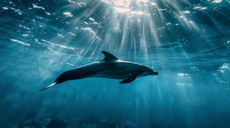 An underwater photographer capturing the elegance of a dolphin swimming gracefully beneath the surface, its streamlined form illuminated by sunlight filtering through the waterの素材