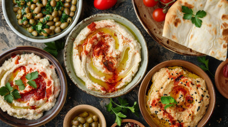 A platter of Middle Eastern mezze including creamy hummus, smoky baba ganoush, and fluffy pita bread, reflecting the global popularity of Middle Eastern flavors and appetizersの素材