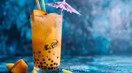 A refreshing bubble milk tea cocktail served in a tall glass, garnished with fresh fruit and a colorful umbrella, adding a playful twist to the classic beverageの素材