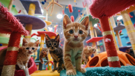 A group of kittens playfully exploring a colorful and elaborate cat playground, complete with tunnels, climbing posts, and hanging toysの素材
