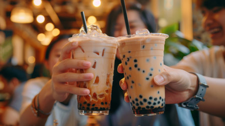 A group of friends laughing and enjoying bubble milk tea together at a trendy the glasses clinking in a toast to friendship and shared momentsの素材