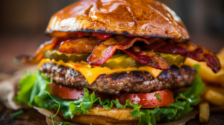 A mouthwatering cheeseburger with crispy bacon, melted cheese, and juicy beef patty, epitomizing the beloved flavors of classic American cuisineの素材