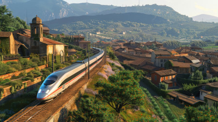 A high-speed train passing through a rural village, showing the connection between remote areas and urban centersの素材