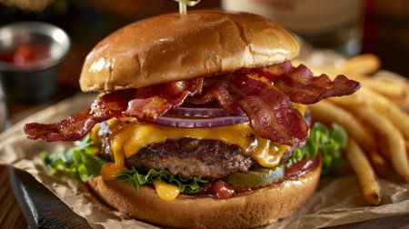 A mouthwatering cheeseburger with crispy bacon, melted cheese, and juicy beef patty, epitomizing the beloved flavors of classic American cuisineの素材