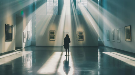 A person standing in an art gallery with beams of natural light highlighting the artwork, creating a serene and contemplative atmosphereの素材