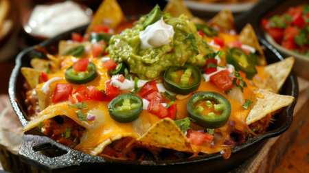 A sizzling skillet of loaded nachos topped with melted cheese, jalapenos, sour cream, and guacamole, a popular appetizer enjoyed at parties and gatherings across the United Statesの素材