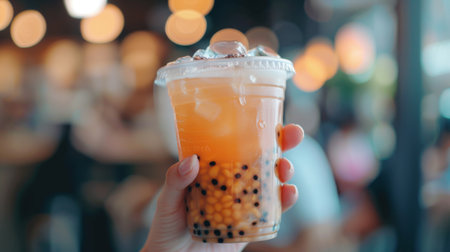 A hand holding a cup of freshly brewed jasmine tea with a side of chewy tapioca pearls, showcasing the customizable options for bubble milk tea enthusiastsの素材