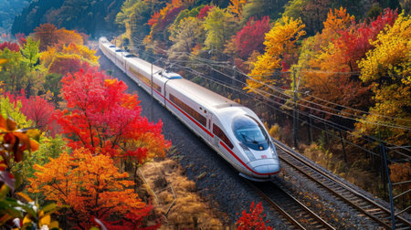 A high-speed train traveling through an autumn landscape with colorful foliage, blending technology with natural beautyの素材