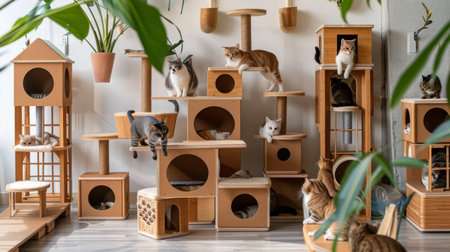 A modular cat house setup, allowing for customization and rearrangement, with cats exploring different sections and enjoying the versatilityの素材
