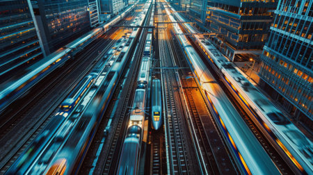 A panoramic view of a high-speed rail yard with multiple trains ready for departure, highlighting the scale and efficiency of rail networksの素材