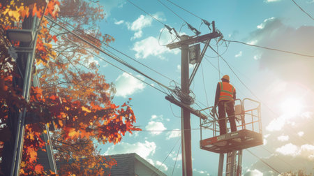 A maintenance worker on a cherry picker repairing an electricity pole, showcasing the human effort behind reliable power supplyの素材