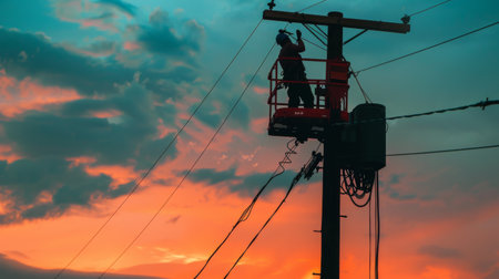 A maintenance worker on a cherry picker repairing an electricity pole, showcasing the human effort behind reliable power supplyの素材