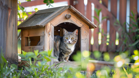 A rustic wooden cat house with a slanted roof, placed in a backyard, with a cat looking out from the entrance, enjoying the outdoor viewの素材