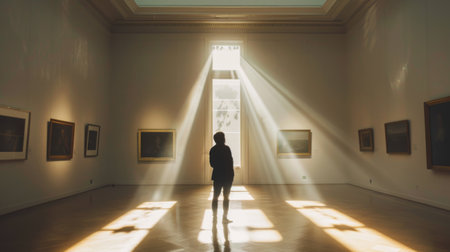 A person standing in an art gallery with beams of natural light highlighting the artwork, creating a serene and contemplative atmosphereの素材