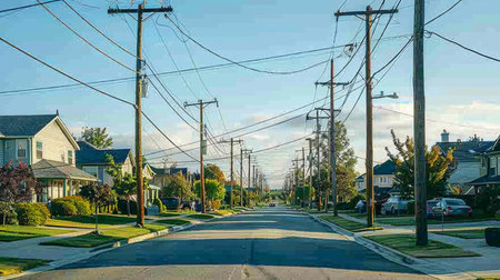 A suburban neighborhood with neatly aligned electricity poles and well-maintained power lines, showing the integration of infrastructure into daily lifeの素材