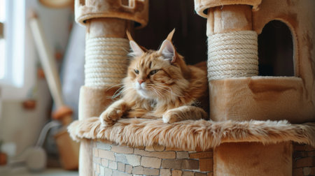 A whimsical, castle-themed cat house with turrets and towers, capturing a cat lounging regally inside, like feline royaltyの素材