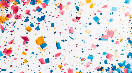 An abstract background featuring colorful confetti-like shapes scattered across a white backdrop.の素材