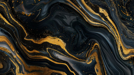 An abstract liquid marble background in shades of gold and black. The fluid, swirling patterns create a luxurious and sophisticated visual effectの素材