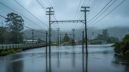 Electricity poles crossing a river via a bridge, highlighting the engineering feats required to maintain electrical connectionsの素材