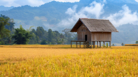 A traditional wooden rice barn standing amidst golden rice stalks, ready to store the harvest and ensure food security for the communityの素材